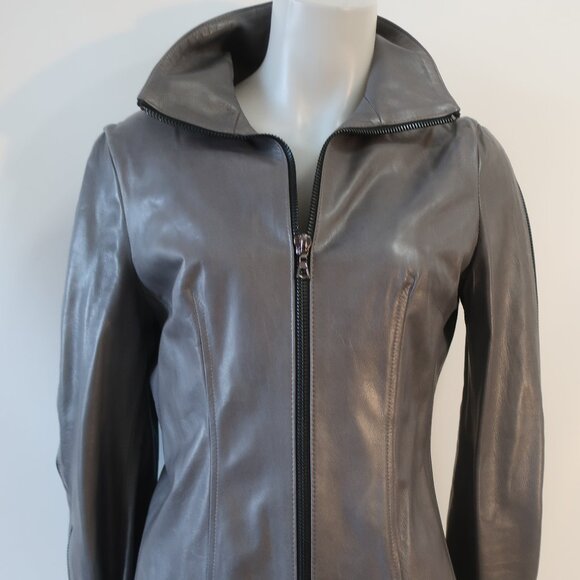 Womens Shari's Place Gray Black Zipper Motif Leather Jacket 8 - Picture 3 of 16